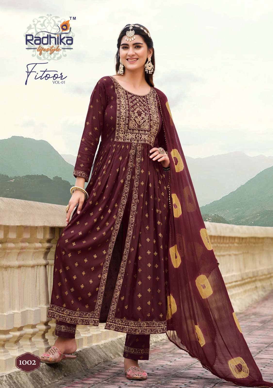 FITOOR REYON LIVA TAG PRINT EMBROIDERY WORK MIDDLE CUT KURTI WITH PANT AND NAZMIN TIE DIE DUPATTA BY RADHIKA LIFESTYLE BRAND 1002